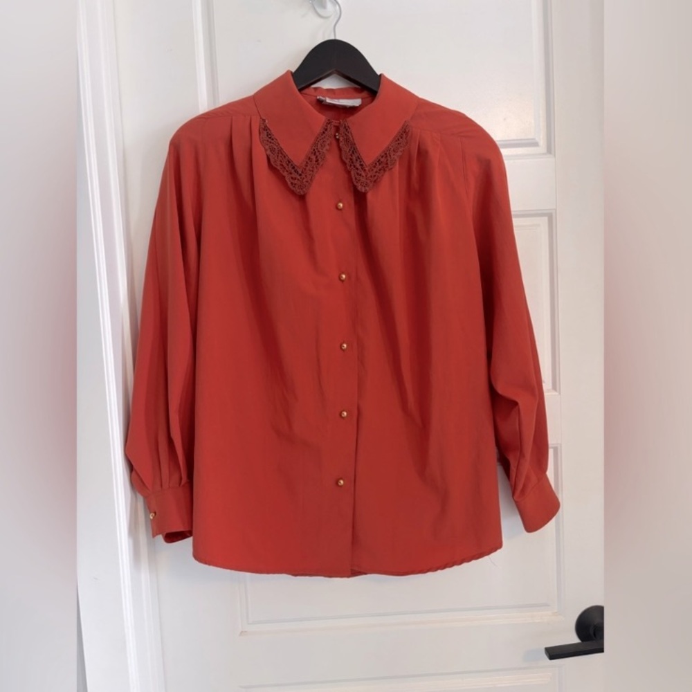 Vintage Blouse Button Down Crochet Peter Pan Collar Rust Pumpkin Gold Size S M